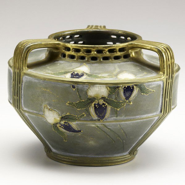 PAUL DACHSEL; Vase: PAUL DACHSEL; Three-handled Amphora porcelain vase with lady slipper orchids; Stamped 1020 8; 4 1/2'' x 6''