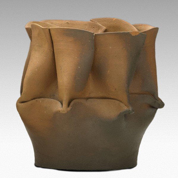 GEORGE OHR; Bisque-fired folded vase: GEORGE OHR; Bisque-fired folded vase; Script signature; 5'' x 5 1/2''