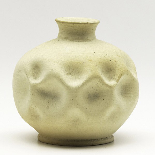 GEORGE OHR; Bisque-fired vessel: GEORGE OHR; Bisque-fired vessel, dimples; Script signature; 4 1/4'' x 4 1/2'' dia.
