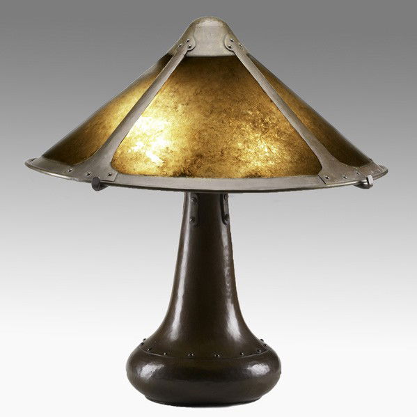 DIRK VAN ERP; Table lamp: DIRK VAN ERP; Table lamp with riveted base; Hammered copper and mica; Single line box windmill mark; 19'' x 18''