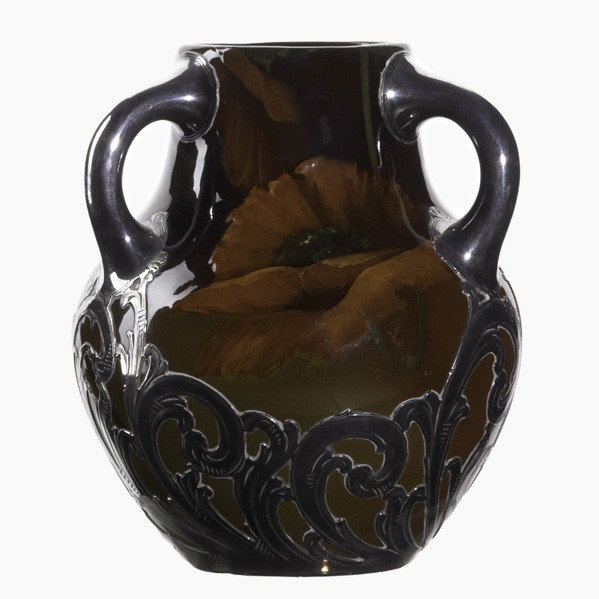 FRED ROTHENBUSCH; ROOKWOOD; Vase: FRED ROTHENBUSCH; ROOKWOOD; Standard glaze three-handle vase with silver overlay, 1895; Flame mark/FR/881D, silver stamped (illegible); 5 1/2'' x 4 3/4''