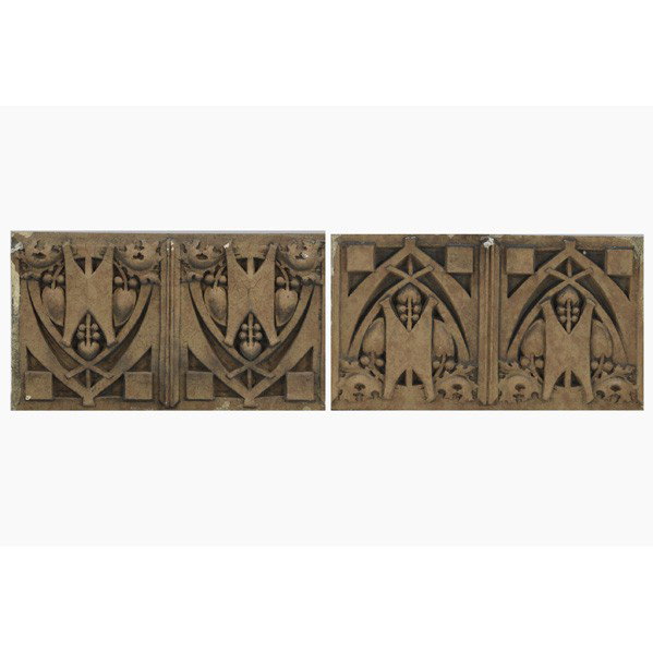 GEORGE ELMSLIE; MIDLAND TERRA COTTA CO.; Blocks: GEORGE ELMSLIE; MIDLAND TERRA COTTA CO.; Two architectural terra cotta blocks, 1930s; Provenance: Thomas A. Edison School of Hammond, Indiana; 10 3/4'' x 18 1/2''
