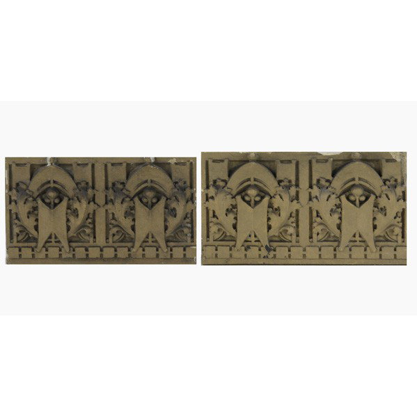 GEORGE ELMSLIE; MIDLAND TERRA COTTA CO.; Blocks: GEORGE ELMSLIE; MIDLAND TERRA COTTA CO.; Two architectural terra cotta blocks, 1930s; Provenance: Morton School of Hammond, Indiana; 10 3/4'' x 18 1/2''
