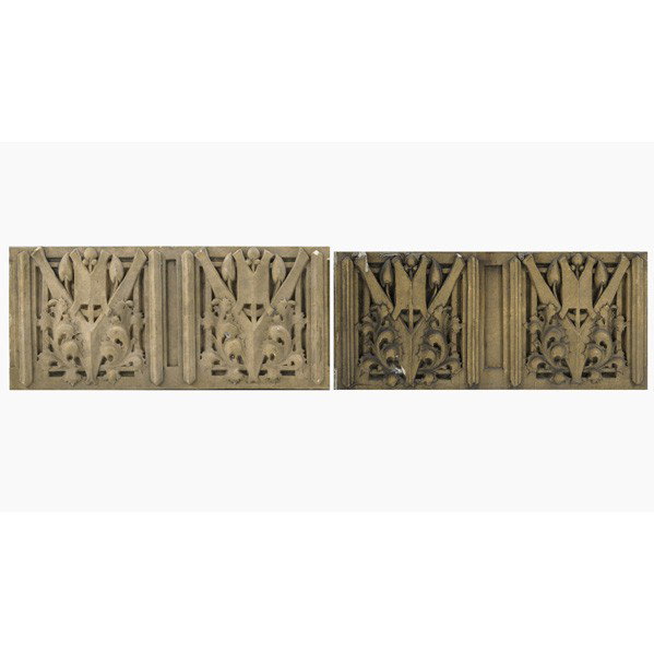 GEORGE ELMSLIE; MIDLAND TERRA COTTA CO.; Blocks: GEORGE ELMSLIE; MIDLAND TERRA COTTA CO.; Two architectural terra cotta blocks, 1930s; Provenance: Morton School of Hammond, Indiana; 13 3/4'' x 31''