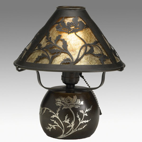 HEINTZ; Boudoir lamp: HEINTZ; Sterling-on-Bronze boudoir lamp with poppies; Mica lined cut-out shade; Unmarked; 9 3/4'' x 8 1/2''
