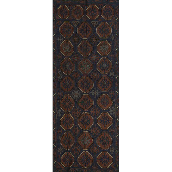 CAUCASIAN AVAR KILIM; Flat-woven area rug: CAUCASIAN AVAR KILIM; Flat-woven area rug in indigo and cherry geometric florals, ca. 1920; Unsigned; 4'7'' x 11'4''