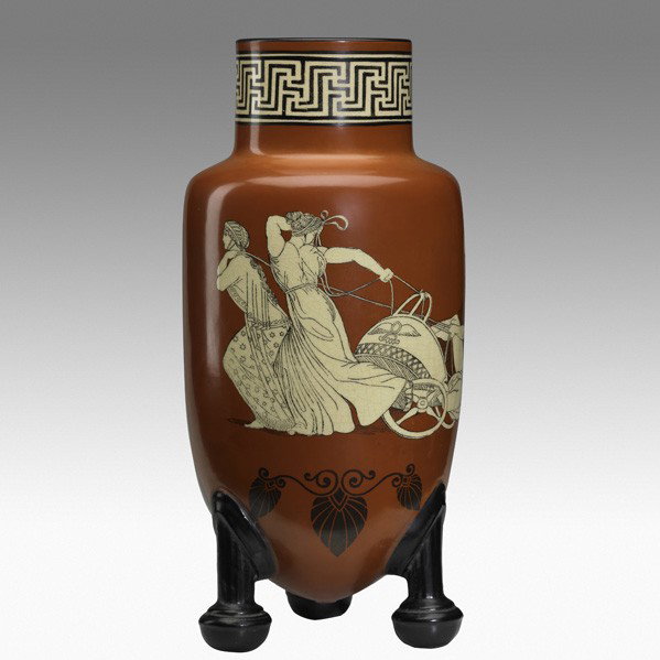 ROSEVILLE; Rozane Olymic vase: ROSEVILLE; Rozane Olymic vase, ''Persia and Ionia Yoked to the Chariot of Xerxes''; Signed and titled; 14 1/2'' x 6''