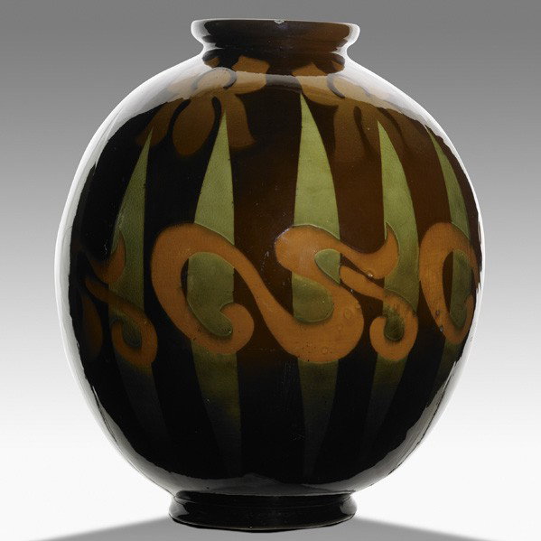 OWENS; large vase: OWENS; Exceptional, large Utopian vase with irises; Stamped UTOPIAN JB OWENS 787; 12 1/2'' x 10''