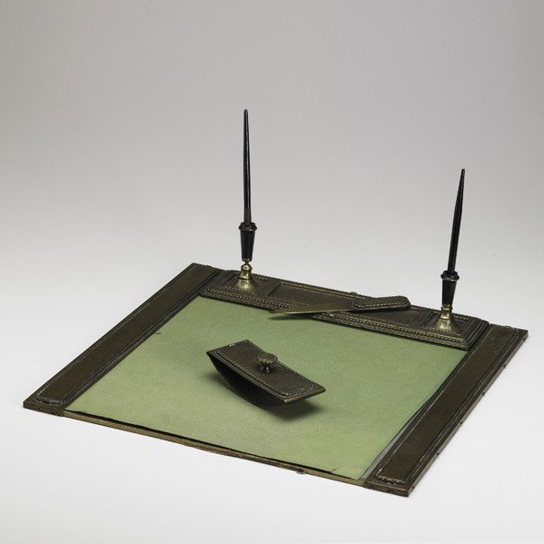ROYCROFT; four desk set items: ROYCROFT; Four assembled brass washed copper desk set items: blotter, double pen tray, ink blotter and letter opener; Unmarked; Pen tray: 15 1/4'' x 4''