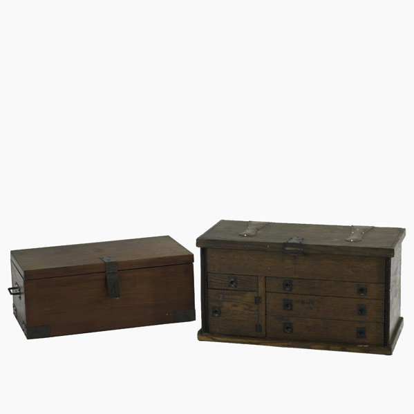 ROYCROFT; Gumwood goody box, etc.: ROYCROFT; Gumwood goody box, together with a Roycroft worker's tool chest complete with tools; Goody box marked; Goody box: 9 1/4'' x 23'' x 12 1/2'', tool chest: 13 1/2'' x 24 3/4'' x 12 1/4''