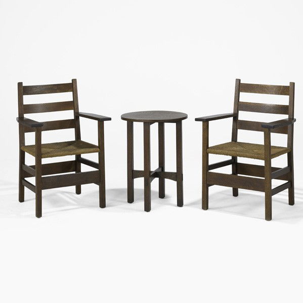 GUSTAV STICKLEY AND L. & J.G. STICKLEY; armchairs: GUSTAV STICKLEY AND L. & J.G. STICKLEY; Gustav Stickley rush-seat armchairs, Gustav and L. & J.G. Stickley side table; Table has conjoined decal, chairs have red decals; Chairs: 35 1/2'' x 25'' x 21''