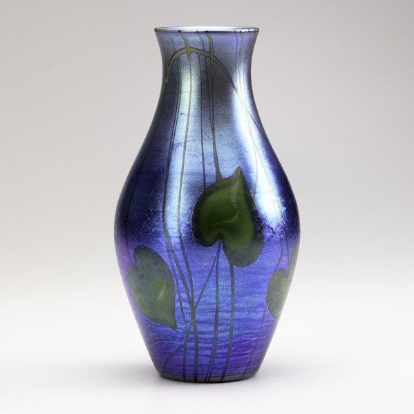 TIFFANY STUDIOS; Favrile glass vase: TIFFANY STUDIOS; Blue Favrile glass vase, heart and vine pattern; Etched 5193M-LC TIFFANY INC. FAVRILE; 9" x 4 1/2"