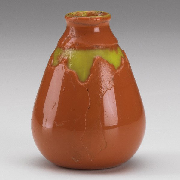 TIFFANY STUDIOS; Favrile glass cabinet vase: TIFFANY STUDIOS; Favrile glass cabinet vase, tomato red, ca. 1927; Provenance: Baltimore Museum of Art, to benefit future acquisitions; Etched L.C. Tiffany - Favrile 926V; 3 1/2'' x 2 1/2''
