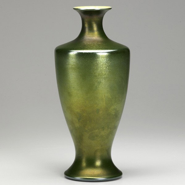 TIFFANY STUDIOS; Green Favrile glass vase: TIFFANY STUDIOS; Green Favrile glass vase; Etched 6020 K L.C.Tiffany Favrile; 10 1/2'' x 4 1/2''