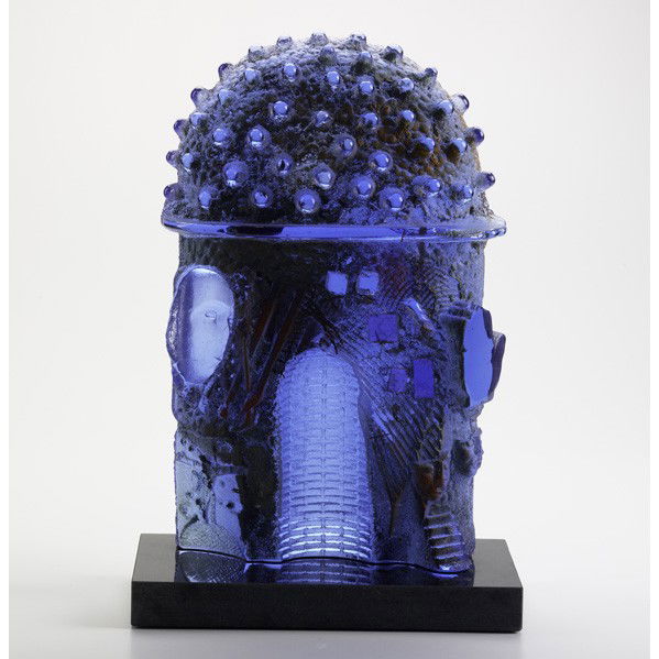 BERTIL VALLIEN; KOSTA BODA; Sculpture: BERTIL VALLIEN; KOSTA BODA; Blue Portal sculpture, Sweden, ca. 1999; Sand cast glass and granite; Signed B Vallien KOSTA BODA S BVAUN 999050 UNIQUE; 15'' x 10'' x 6''