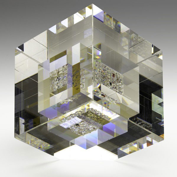 JON KUHN; Glass sculpture: JON KUHN; Cube glass sculpture; Unsigned; 14 1/2'' x 13''