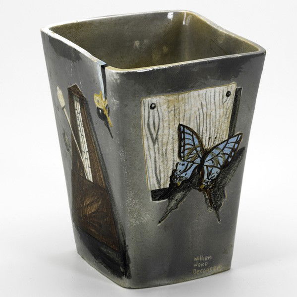 WILLIAM WARD BEECHER; STONELAIN; Vase: WILLIAM WARD BEECHER; STONELAIN; Glazed and incised earthenware vase with three different designs, including a metronome and butterflies; Incised signature and Stonelain with copyright; 9 1/2'' x 7 1/