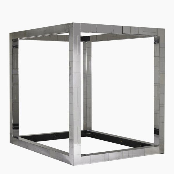 PAUL EVANS; DIRECTIONAL; Bed: PAUL EVANS; DIRECTIONAL; Cityscape four-poster queen size canopy bed, USA, 1970s; Chromed steel; Paul Evans script signature; 84'' x 72'' x 92 1/2'', interior width: 62'' x 82''