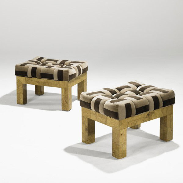PAUL EVANS; DIRECTIONAL; Pair of benches: PAUL EVANS; DIRECTIONAL; Pair of Cityscape benches, USA, 1970s; Olive burl and velvet; Unmarked; 17 1/2'' x 26'' x 19''