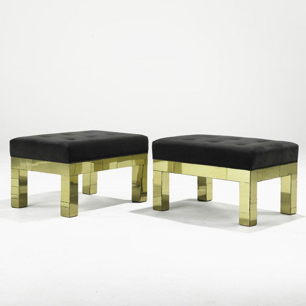 PAUL EVANS; DIRECTIONAL; Pair of benches: PAUL EVANS; DIRECTIONAL; Pair of Cityscape benches, USA, 1970s; Brass, ultrasuede; Fabric labels; 15 1/2'' x 26'' x 19''
