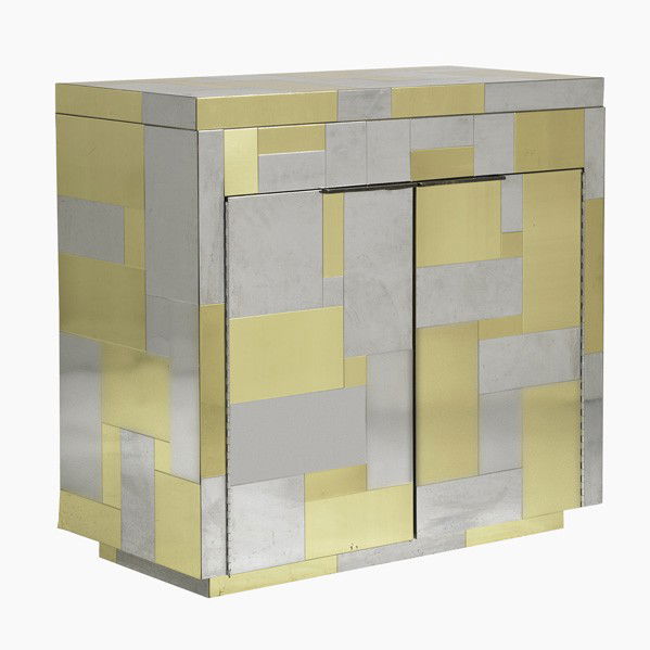 PAUL EVANS; DIRECTIONAL; Bar cabinet: PAUL EVANS; DIRECTIONAL; Cityscape flip-top bar cabinet, USA, 1970s; Chromed steel, brass, laminate; Stamped mark; 35 1/4'' x 36'' x 18 1/4''