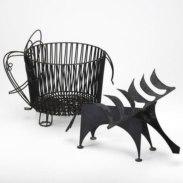 JOHN RISLEY; Moose sculpture and elephant basket: JOHN RISLEY; Moose sculpture and elephant basket, USA, 1970s; Black enameled sheet metal, metal rods and screws; Provenance: From the artist's family; Unmarked; Moose: 8'' x 17'' x 14'', elephant: 11'