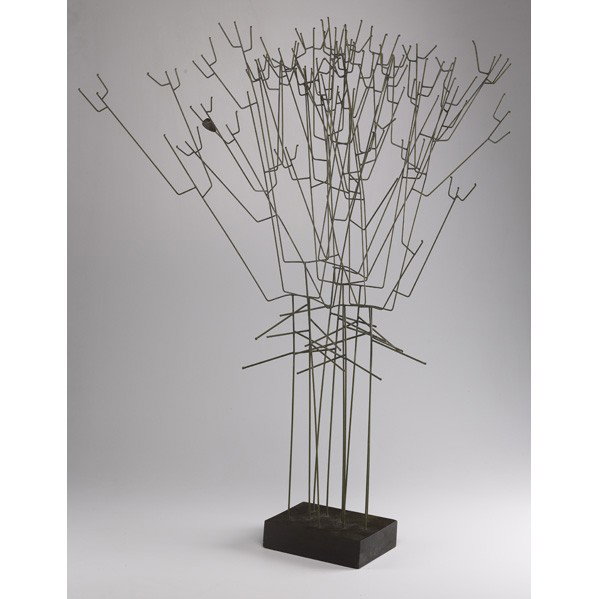 JOHN RISLEY; Table sculpture: JOHN RISLEY; Table sculpture, ''Last leaf,''; USA, ca. 1972; Brass rods on wooden base; Provenance: From the artist's family; Unmarked; 38'' x 26'' x 18''