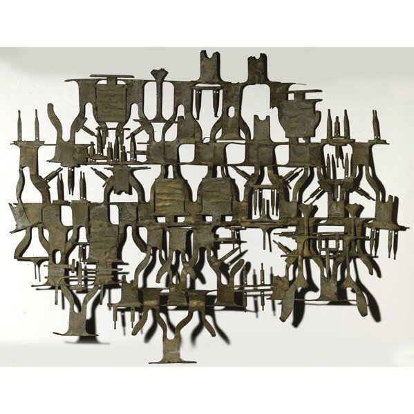 JOHN RISLEY; Sculpture: JOHN RISLEY; Painted metal wall hanging sculpture; USA, c. 1965; Provenance: From the artist's family; Unmarked; 33'' x 44'' x 7''