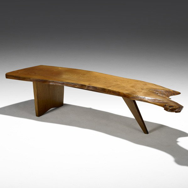 GEORGE NAKASHIMA; Plank coffee table: GEORGE NAKASHIMA; Plank coffee table, USA, c. 1966; English walnut; Provenance available; 13'' x 62'' x 22''