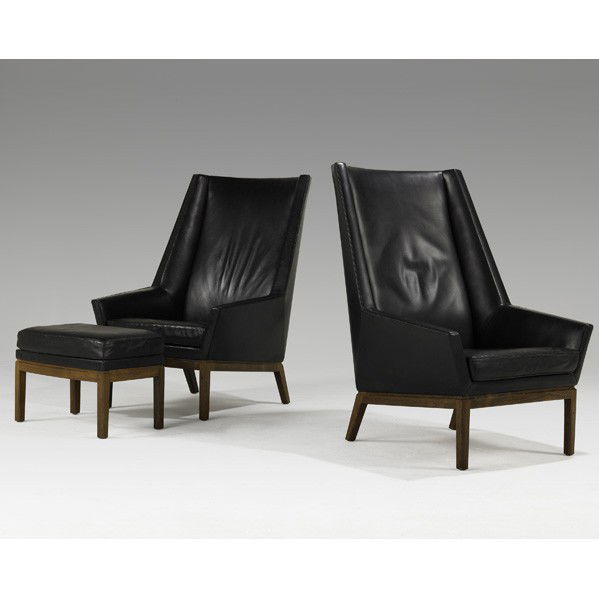 ERIK KOLLING ANDERSEN; PEDER PEDERSEN; Chairs, et: ERIK KOLLING ANDERSEN; PEDER PEDERSEN; Pair of wing chairs and one ottoman, Denmark, 1950s; Rosewood, leather; Unmarked; Chairs: 41'' x 29 3/4'' x 32'', ottoman: 15'' x 22'' x 14 1/2''