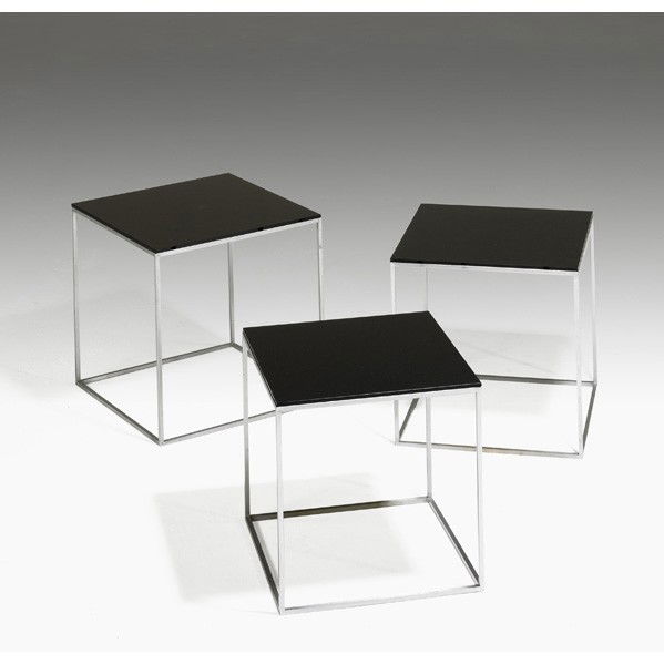 POUL KJAERHOLM; FRITZ HANSEN; Nesting tables: POUL KJAERHOLM; FRITZ HANSEN; PK71 nesting tables, Denmark, 1970s; Matte chromed steel, acrylic; Unmarked; Tallest, 11 1/2'' x 11'' sq.
