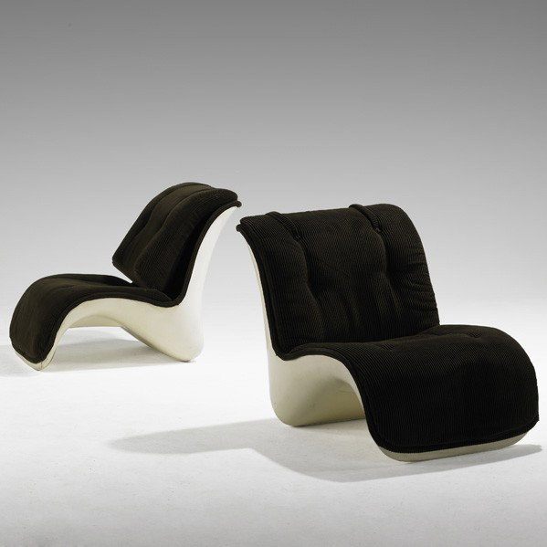 VERNER PANTON; HORLACHER; Pair of chairs: VERNER PANTON; HORLACHER; Pair of lounge chairs, Denmark, 1960s; Plastic and corduroy; Unmarked; 30'' x 29'' x 40''