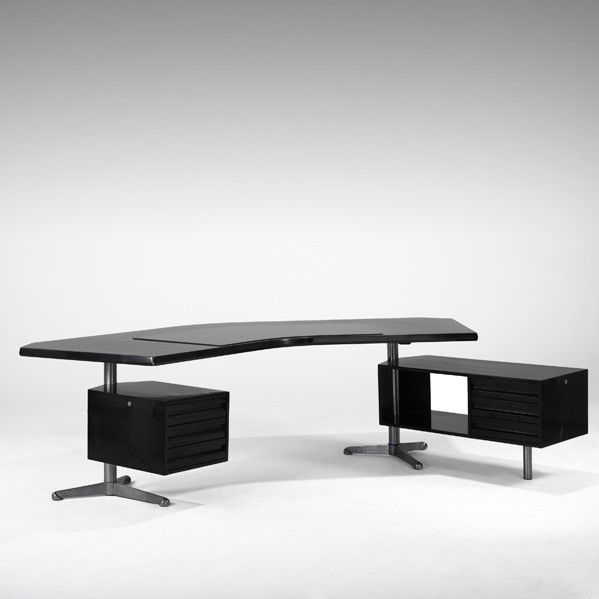 Desk: OSVALDO BORSANI; TECNO; Executive desk with adjustable return, Italy, 1950s; Matte chromed steel, lacquered wood, reverse-painted glass; Tecno label; 29'' x 99'' x 33''
