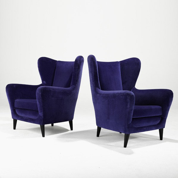 GUGLIELMO ULRICH; Pair of lounge chairs: GUGLIELMO ULRICH; Pair of wing-back lounge chairs, Italy, 1940s; Ebonized wood and velvet; Unmarked; 39'' x 29 1/2'' x 32''