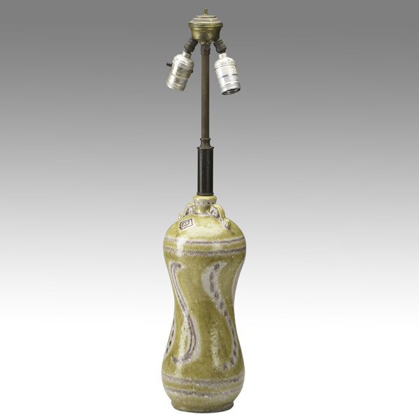 GUIDO GAMBONE; Table lamp: GUIDO GAMBONE; Glazed ceramic table lamp; Italy, 1950s; Signed with donkey and Gambone Italy; 26'' x 5 1/2''
