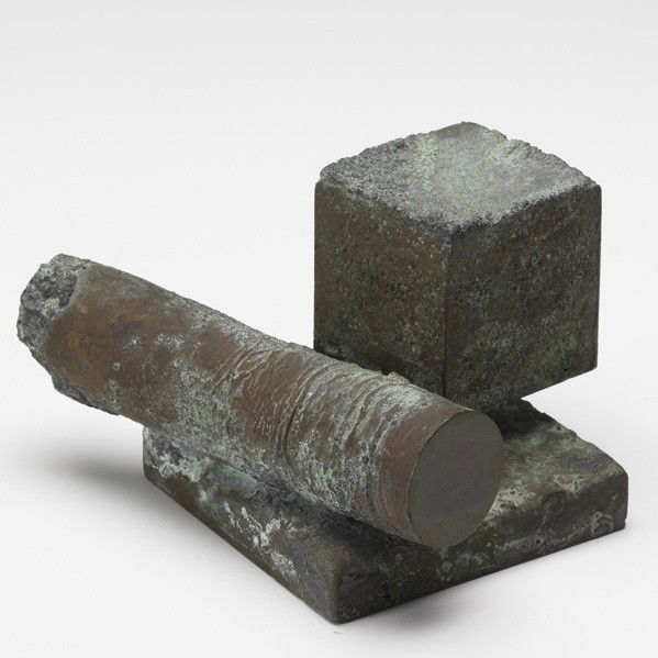 HARRY BERTOIA; Sculpture: HARRY BERTOIA; Sculpture, ''Cube and Bar,'' USA, 1970s; Patinated bronze; Provenance: Val Bertoia, Bertoia Studio; Unmarked; 3 3/4'' x 6'' x 4 3/4''