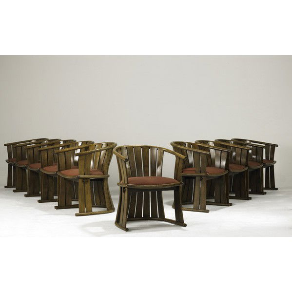 WARD BENNETT; BRICKEL; Ten chairs: WARD BENNETT; BRICKEL; Set of ten dining chairs, USA, 1970s; Ash, wool upholstery; Provenance: Descended through the Avery Fisher family; Metal labels; 29 1/2'' x 24'' x 23''