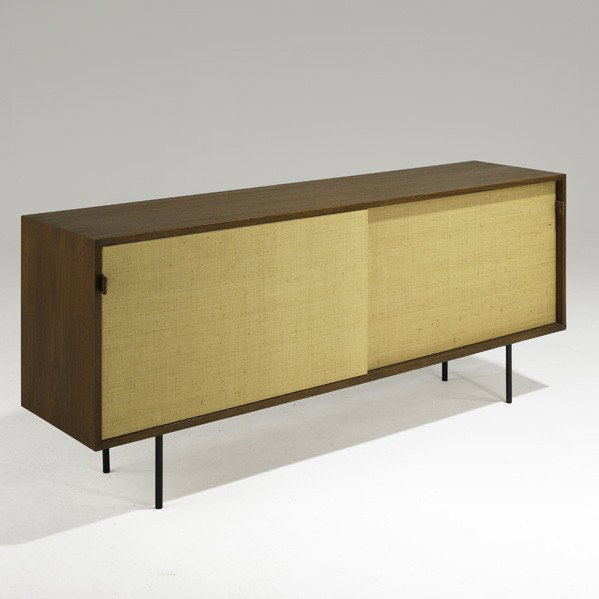 FLORENCE KNOLL; KNOLL INTERNATIONAL; Cabinet: FLORENCE KNOLL; KNOLL INTERNATIONAL; Sliding-door cabinet, Germany, 1957; Teak, grass cloth, leather and enameled steel; Knoll International Stuttgart labels; 30 1/2'' x 71'' x 18''