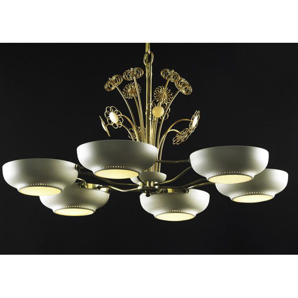LIGHTOLIER; Chandelier: LIGHTOLIER; Chandelier, 1950s-60s; Brass, enameled metal and enameled glass; Stamped Made In Canada; Total 24'' x 28'', shades 2 1/4'' x 7 1/4''