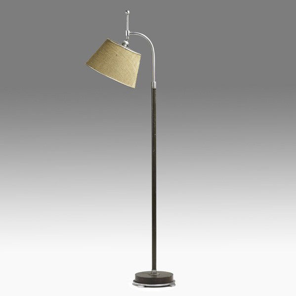 GILBERT ROHDE; MUTUAL SUNSET LIGHTING CORP; Lamp: GILBERT ROHDE; MUTUAL SUNSET LIGHTING CORP; Adjustable floor lamp, USA, ca. 1940; Enameled aluminum, chrome-plated steel, walnut, period burlap shade; Stamped M.S.L.C. 3742; 60 1/2'' x 10'' dia, shade
