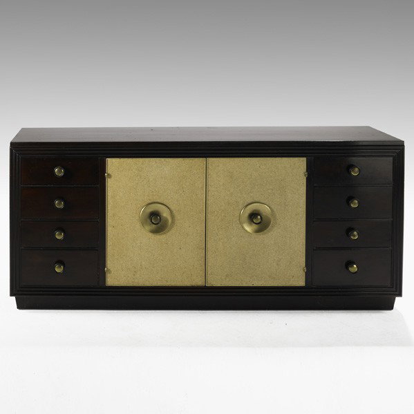 PAUL FRANKL; JOHNSON FURNITURE CO; Cabinet: PAUL FRANKL; JOHNSON FURNITURE CO; Large cabinet, USA, 1940s; Mahogany, lacquered cork and brass; Brass label and branded Johnson Furniture Co. mark; 32 1/2'' x 73'' x 22''