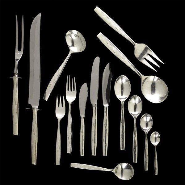RAYMOND LOEWY; WALLACE SILVERSMITHS; Flatware set: RAYMOND LOEWY; WALLACE SILVERSMITHS; Discovery Sterling flatware set for sixteen, USA, c. 1957: dinner knives, fish knives, butter knives, dessert knives, two master butter knives, salad forks, double