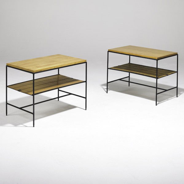 PAUL McCOBB; WINCHENDON; Pair of tables: PAUL McCOBB; WINCHENDON; Pair of Planner Group Lamp tables no. 1574, 1950's; Maple, enameled steel and woven bamboo slats; Unmarked; 21 1/4'' x 28'' x 18''