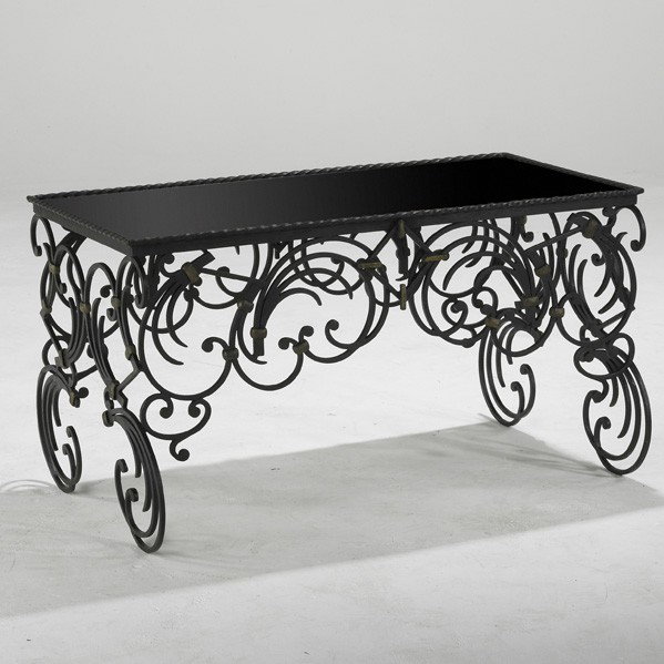 MICHEL ZADOUNAISKY; Coffee table: MICHEL ZADOUNAISKY; Coffee table, France, ca. 1930; Wrought-iron, black glass; Unmarked; 20 1/2'' x 37'' x 22 3/4''