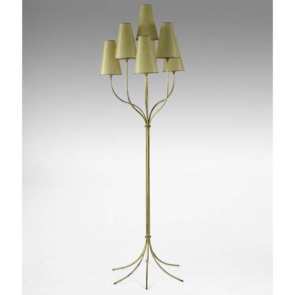 JEAN ROYERE(Attribution); Floor lamp: JEAN ROYERE(Attr.); Rare Persane floor lamp, France, 1950s; Gilt wrought iron, vellum shades; Unsigned; 71 3/4'' x 20 3/4''