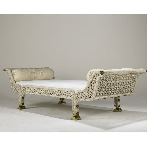FRENCH; Daybed: FRENCH; Daybed, 1970s; Woven fiber, linen, brass plated metal; Unmarked; 27'' x 99'' x 41''