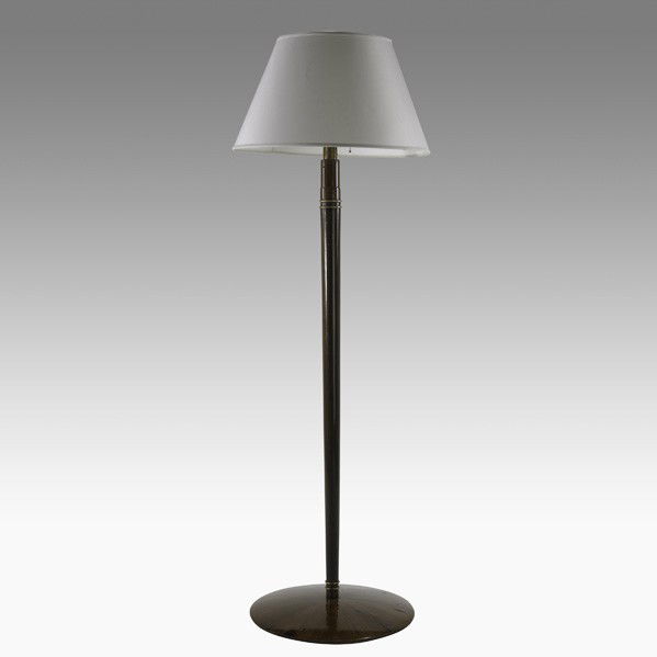 DE COENE FRERES; Floor lamp: DE COENE FRERES; Floor lamp, Belgium, 1930s; Rosewood, mahogany, bronze, enameled steel and linen shade; Branded mark; 82 1/2'' x 24'' dia.