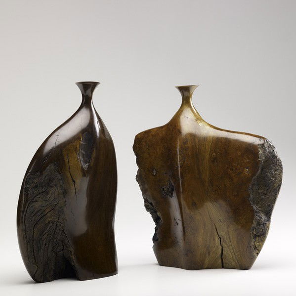 BOB WOMACK; Two sculptures: BOB WOMACK; Two turned wood sculptures, USA, 1980s; Wild black cherry burl and mountain mahogany; Signed; 12 1/4'' x 10 1/2'' and 12 3/4'' x 8''