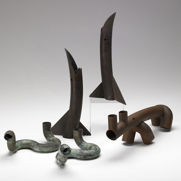 JONATHAN BONNER; Five candleholders: JONATHAN BONNER; Set of five figural candleholders include rhino, snakes and billfish, USA, 1980s; Patinated copper; Snakes signed; Rhino: 5'' x 14 1/4'' x 3''