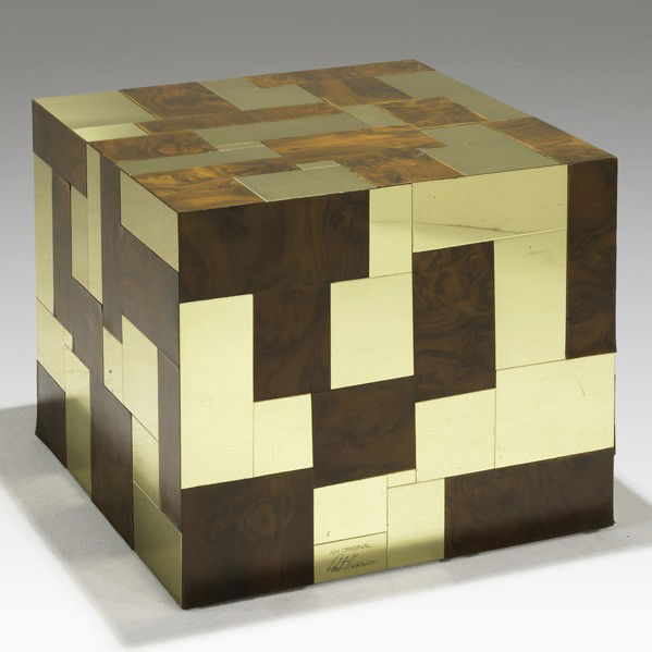 PAUL EVANS; DIRECTIONAL; Side table: PAUL EVANS; DIRECTIONAL; Cityscape side table, USA, 1970s; Walnut burl and brass; Signed Paul Evans; 20'' x 24'' x 24''